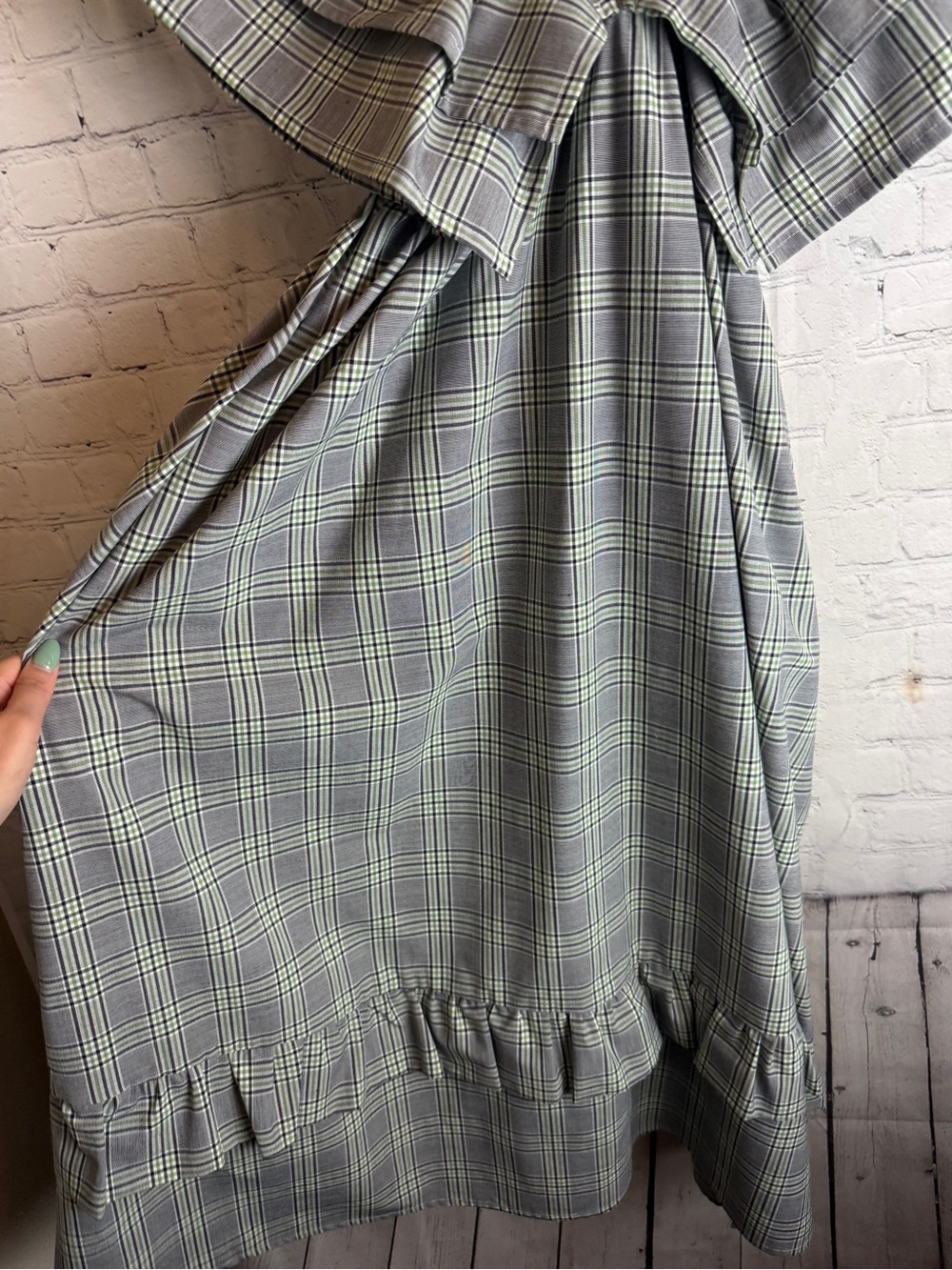 Mecla One-Shoulder Plaid Midi Dress in Green and Gray Medium - Picture 9 of 13